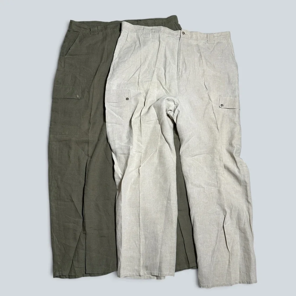 Biton Mens 100% Linen Cargo Pants Lot of 2 Olive Beige Size 42 Straight Leg